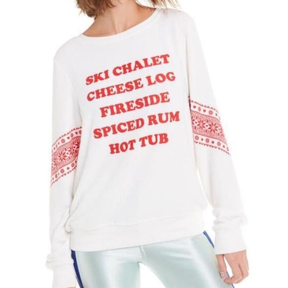 Wildfox Sweater Ski List Winter Pullover Lightweight Crew Neck White Medium NWT - Picture 1 of 5